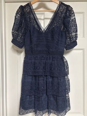 Navy Lace eyelet  Tiered V-Neck Women's Dress